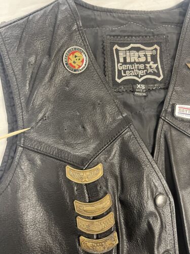 Vintage First Genuine Leather Vest Jacket Size XS Black Biker Motorcycle
