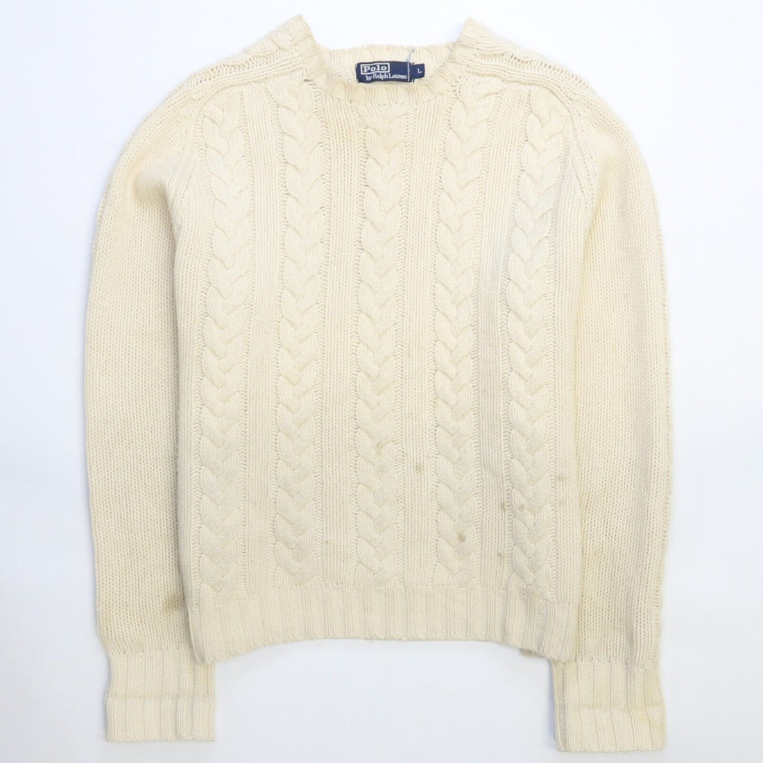 Vintage Polo Ralph Lauren Wool Cable Knit Crewneck Sweater Large Suede Elbow