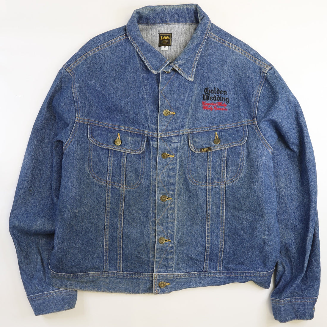 Vintage Lee Golden Wedding Canadian Whiskey Denim Trucker Jacket Size 50