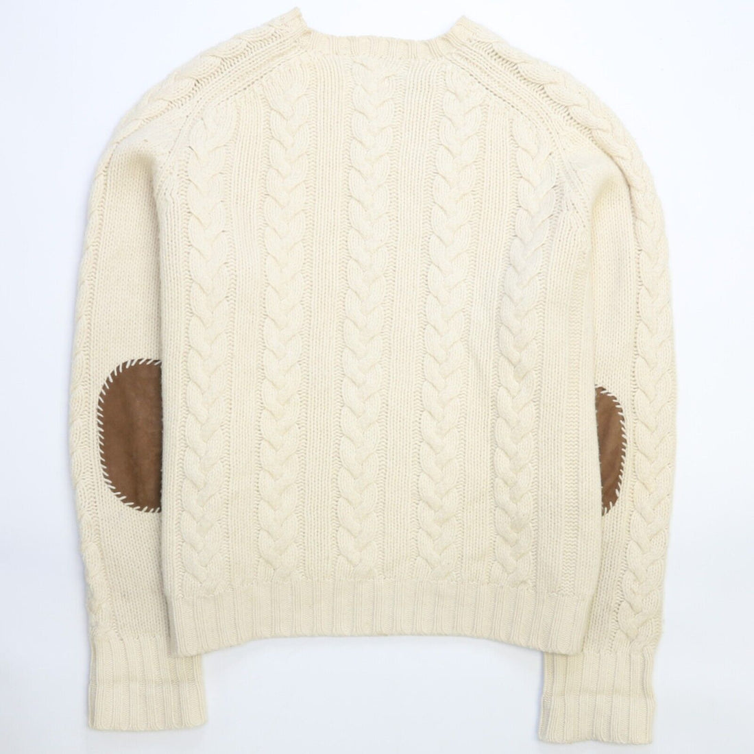 Vintage Polo Ralph Lauren Wool Cable Knit Crewneck Sweater Large Suede Elbow
