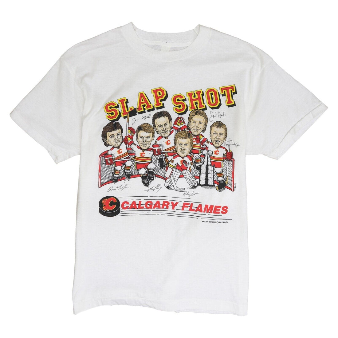 Vintage Calgary Flames Slap Shot Caricature T-Shirt Size Large 1989 80s NHL