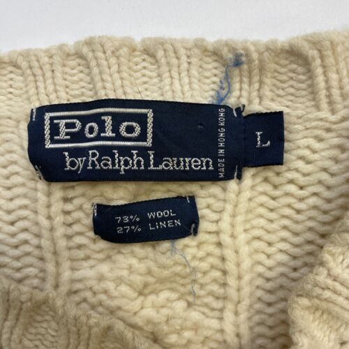 Vintage Polo Ralph Lauren Wool Cable Knit Crewneck Sweater Large Suede Elbow
