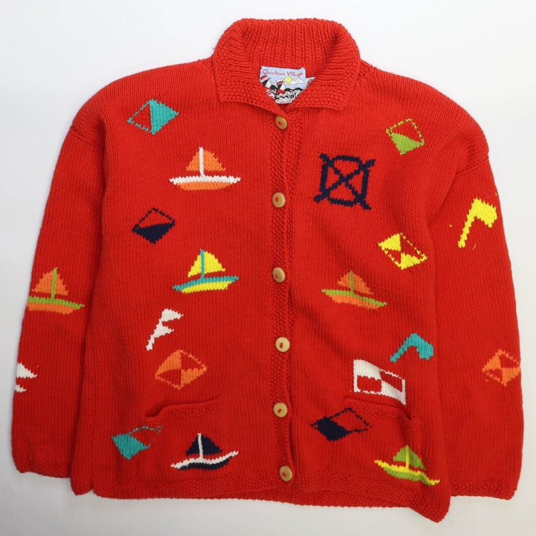Vintage Quichua Village Boat Sailing Wool Knit Cardigan Sweater Size Medium Red