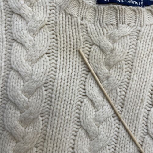 Vintage Polo Ralph Lauren Wool Cable Knit Crewneck Sweater Large Suede Elbow
