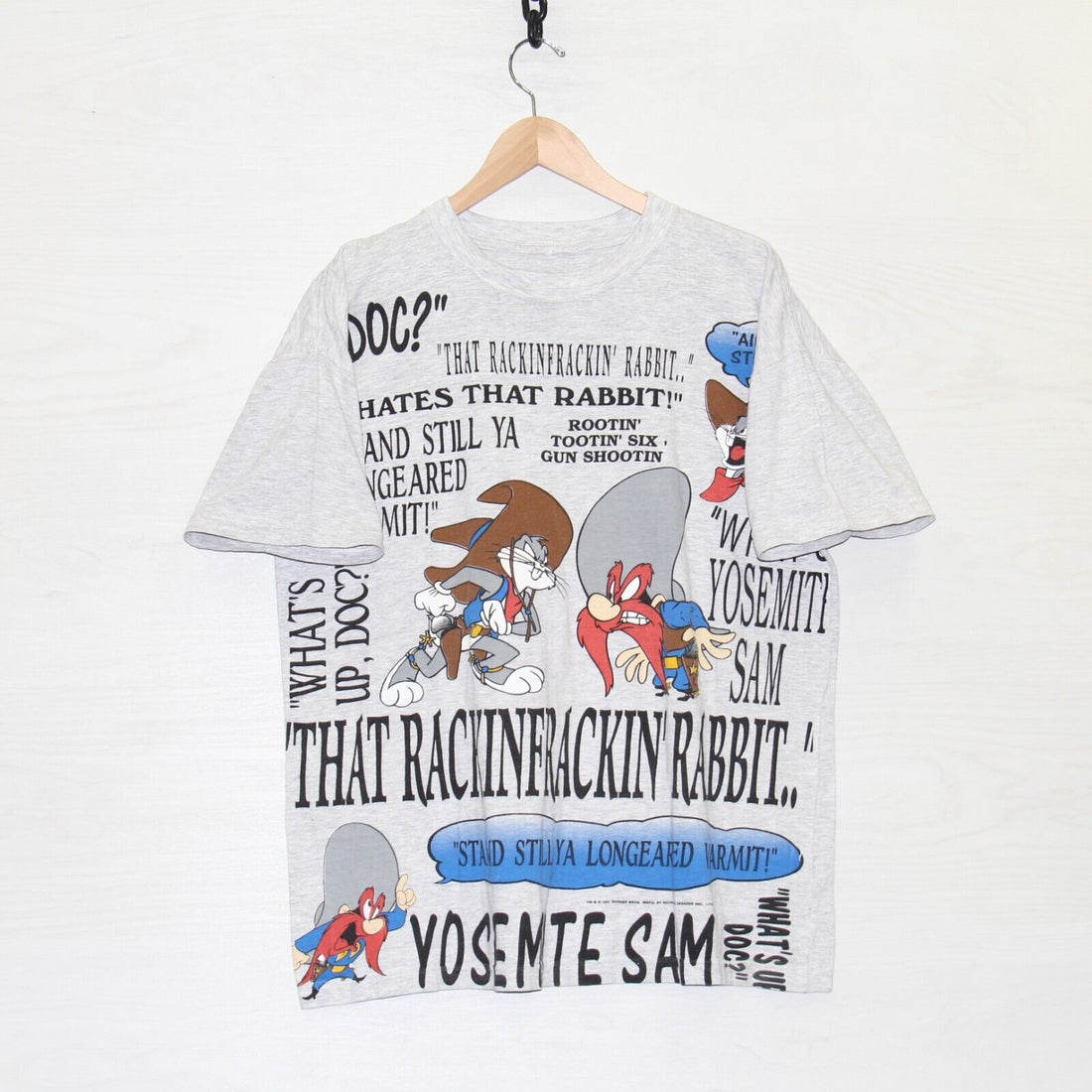 Vintage Bugs Bunny Yosemite Sam Cowboy Novel Teez T-Shirt Medium Gray 1995 90s