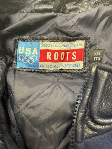 Vintage Team USA Roots Leather Wool Varsity Jacket Size 2XL Blue 2002 Olympics