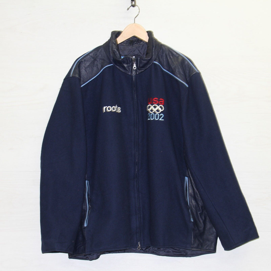 Vintage Team USA Roots Leather Wool Varsity Jacket Size 2XL Blue 2002 Olympics
