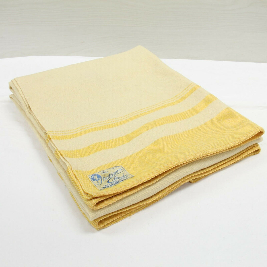Vintage Strathmore Wool Blanket 88" x 68.5" Beige & Yellow Striped