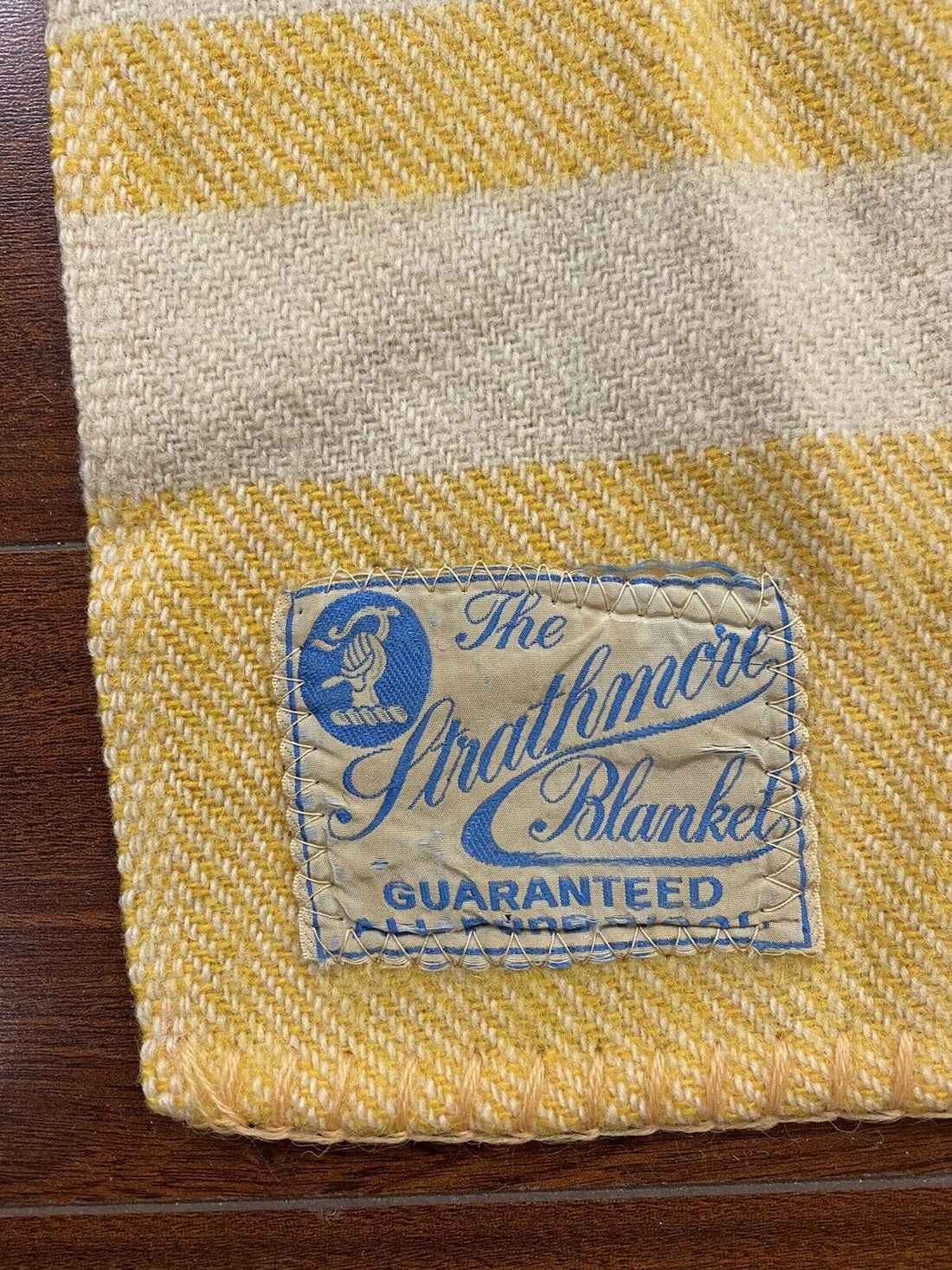 Vintage Strathmore Wool Blanket 88" x 68.5" Beige & Yellow Striped
