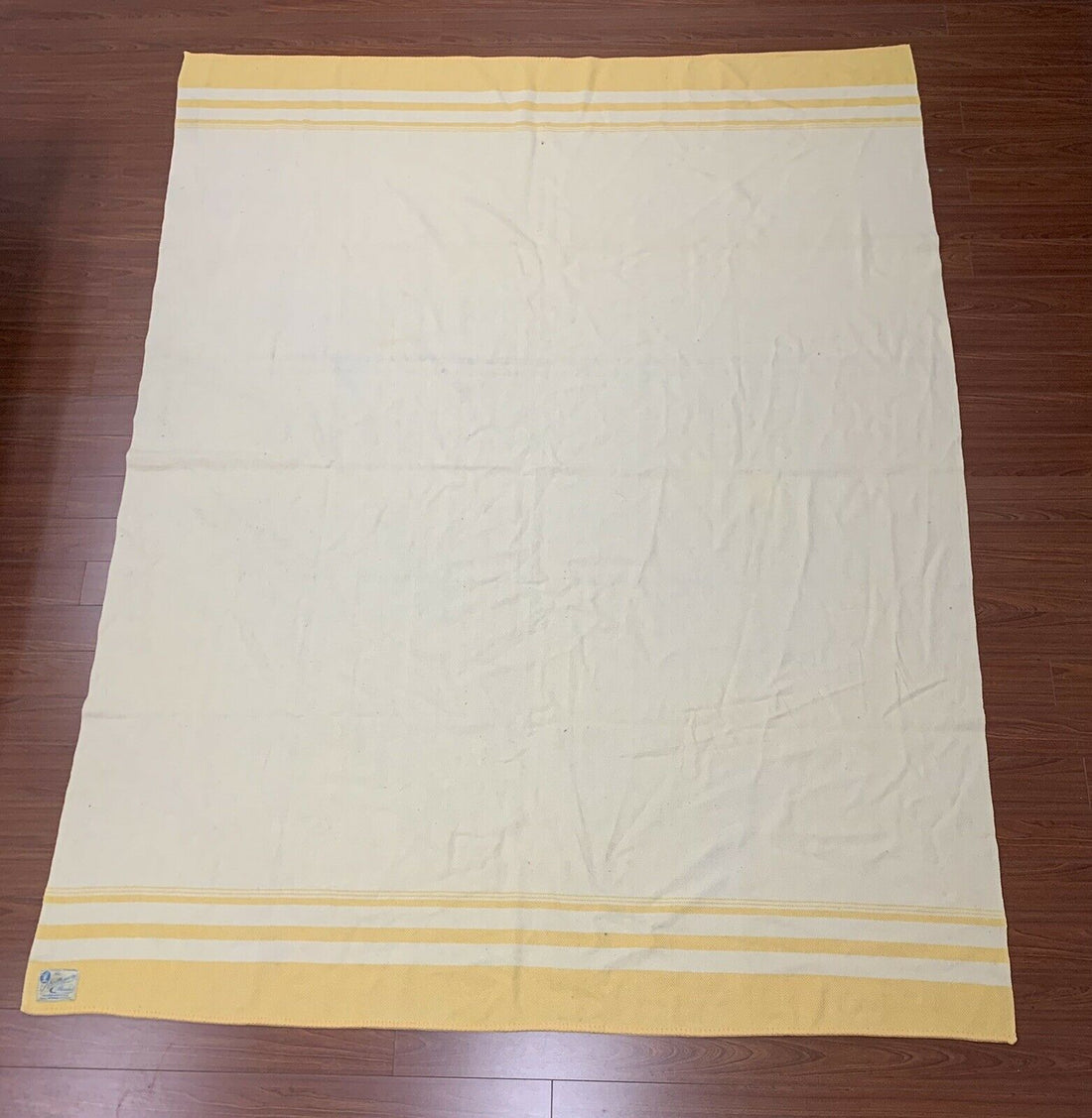 Vintage Strathmore Wool Blanket 88" x 68.5" Beige & Yellow Striped