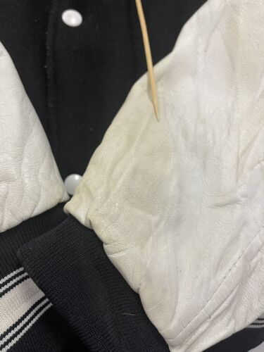 Vintage Bayview Leather Wool Varsity Bomber Jacket Size Large Black Letterman
