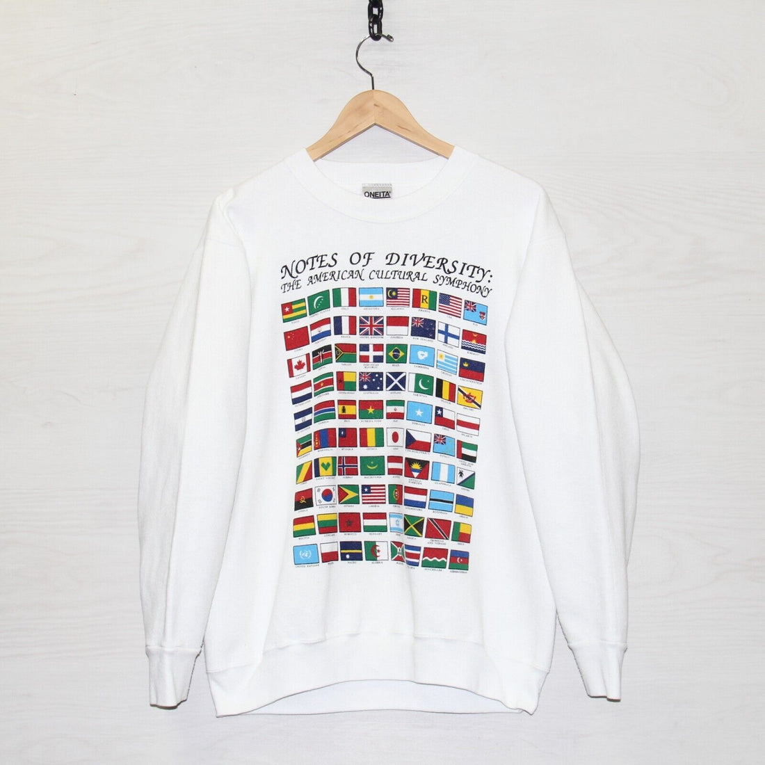 Vintage Notes Of Diversity World Flag Sweatshirt Size XL Cultural Symphony 90s