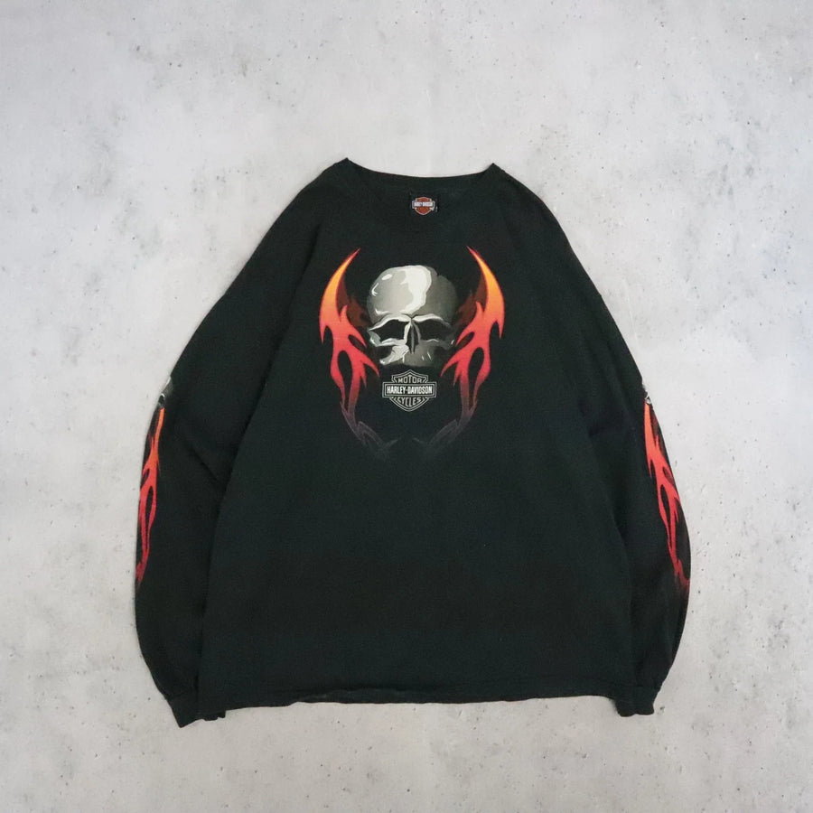 Harley Davidson Motorcycles Flame Skull Long Sleeve T-Shirt