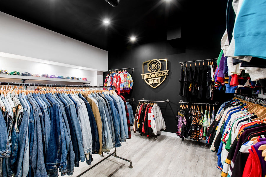 Vintage denim jackets and colourful outerwear on the racks at Throwback Vault