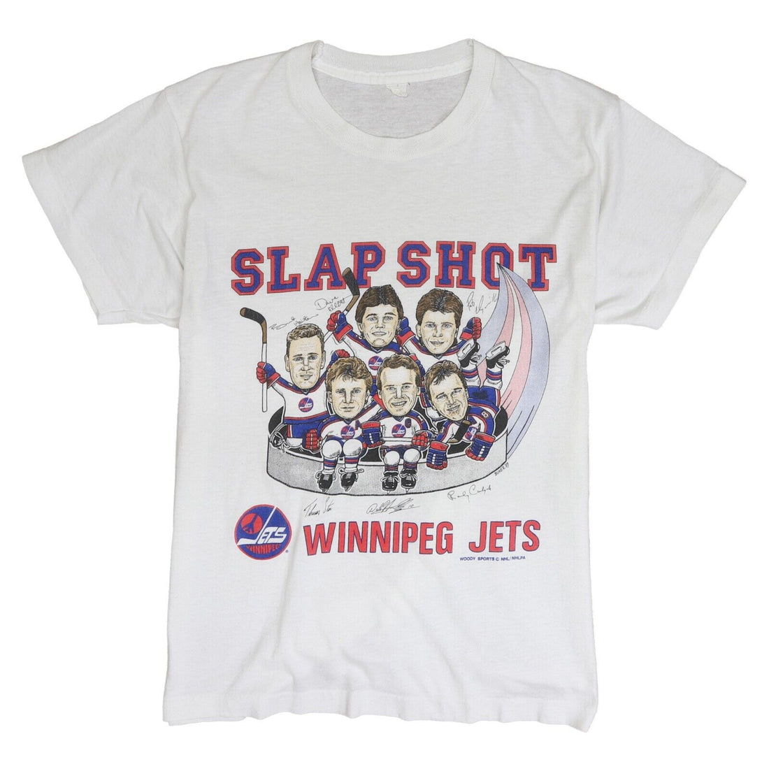 Vintage Winnipeg Jets Slap Shot Caricature T-Shirt Size Medium 1989 80s NHL