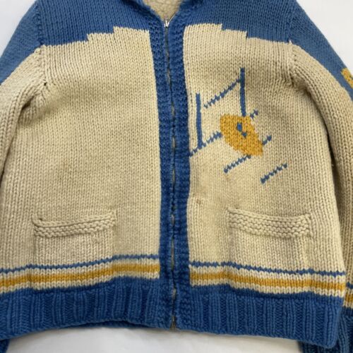 Vintage American Football Wool Knit Cowichan Sweater Medium Sherpa Lined Blue