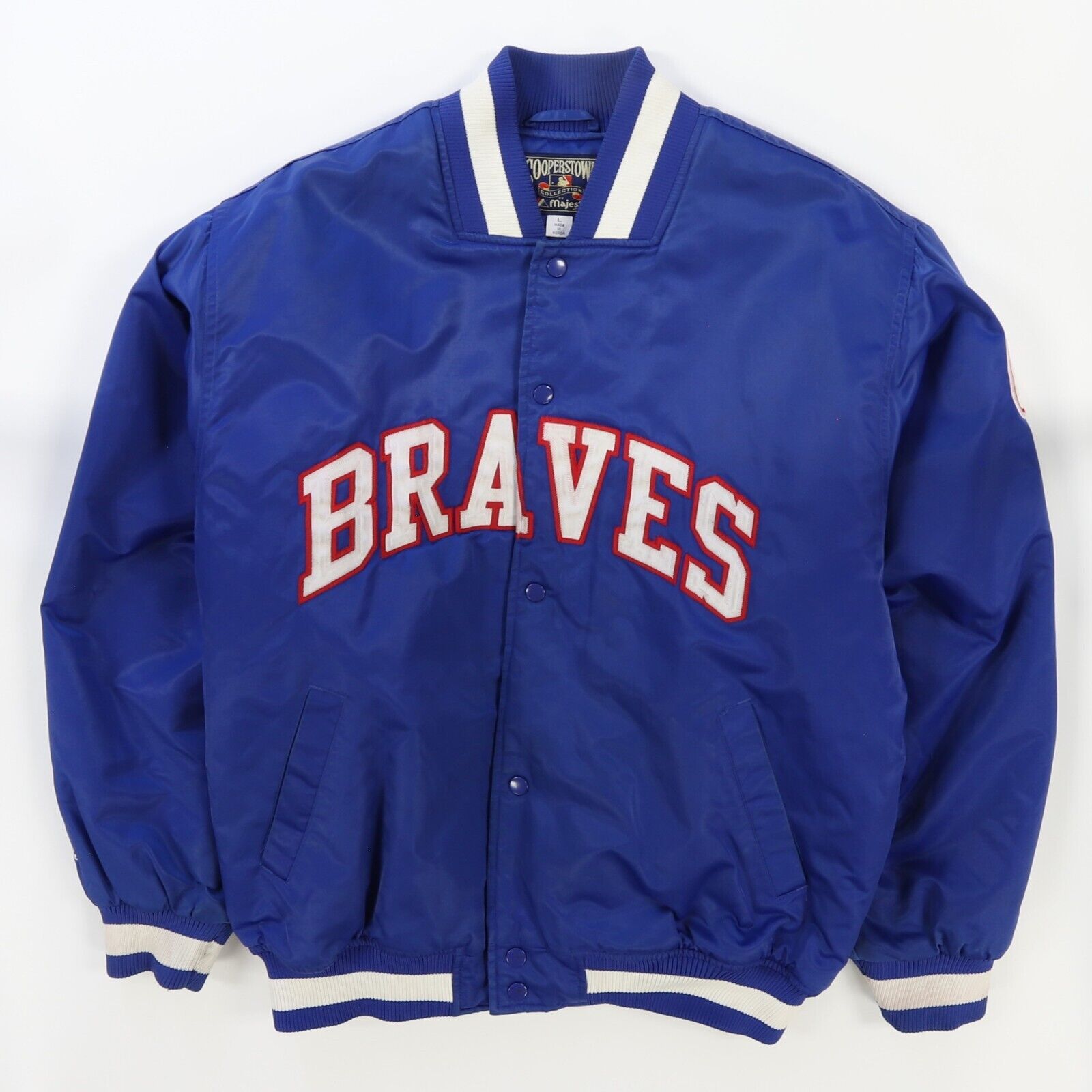 Atlanta Braves Majestic Satin Bomber Jacket Size Large Cooperstown MLB –  Throwback Vault