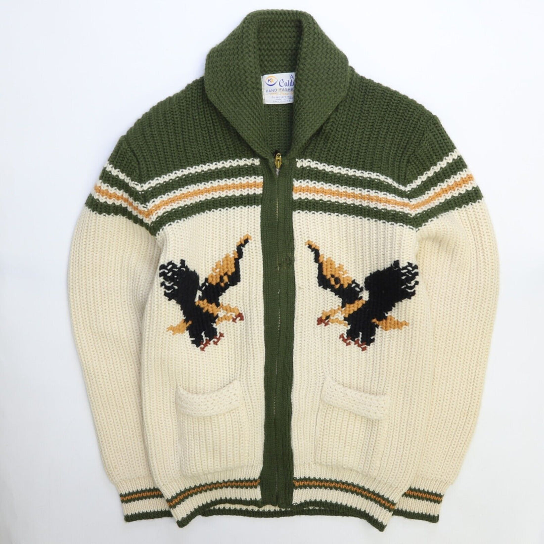 Vintage Eagle Caldwell Knit-Rite Mills Wool Knit Cowichan Sweater Size Large