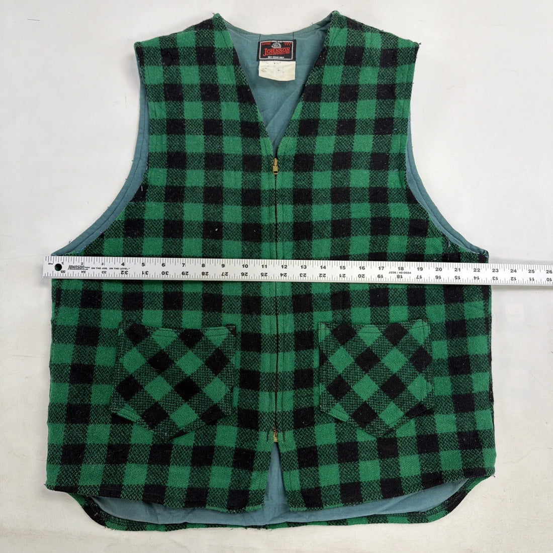 Vintage Johnson Woolen Mills Wool Vest Jacket Size Large Green Buffalo Plaid