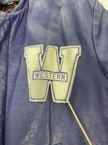Vintage Western Letterman Leather Varsity Jacket Size Large Purple Blanket Lined