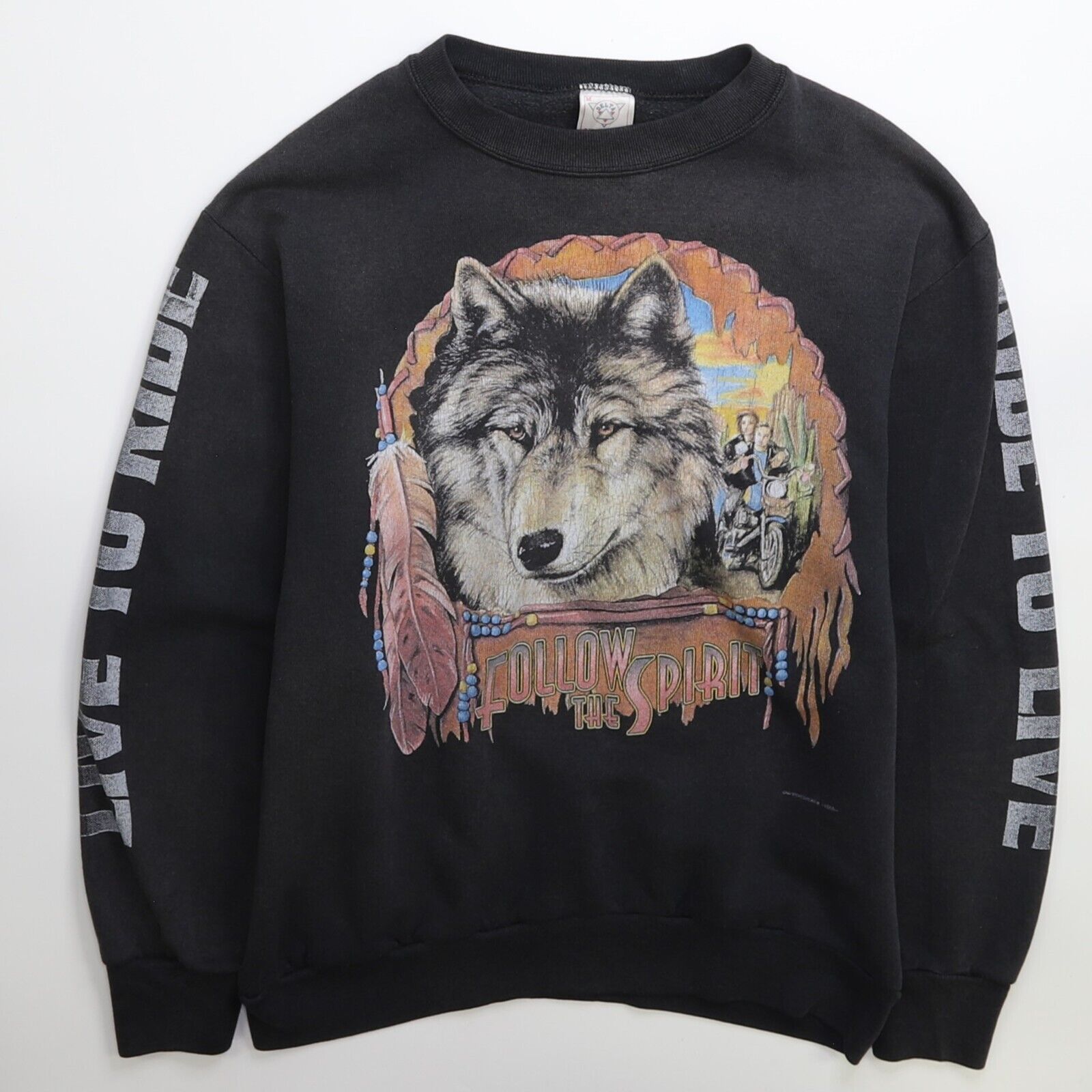 Vintage Follow The Spirit Live To Ride Wolf Crewneck Sweatshirt Medium Throwback Vault