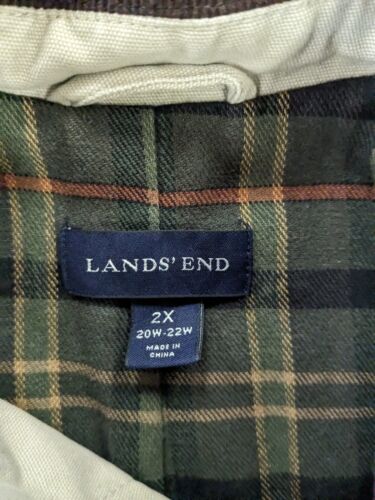 Vintage Lands End Coat Jacket Size 2XL Beige Plaid Lined Corduroy Trim