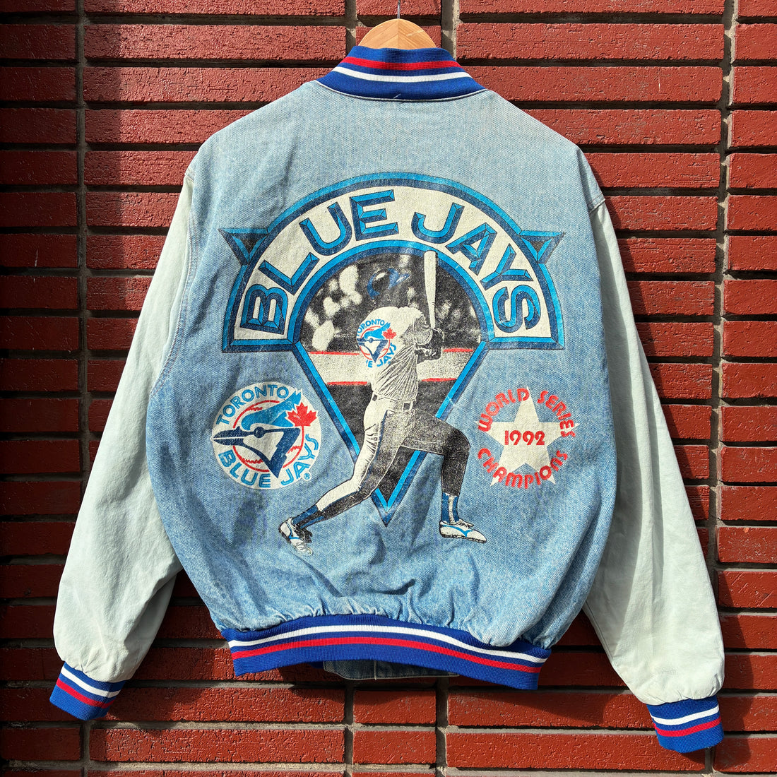 1992 Street Legends Toronto Blue Jays World Series Denim Varsity Bomber Jacket M MLB
