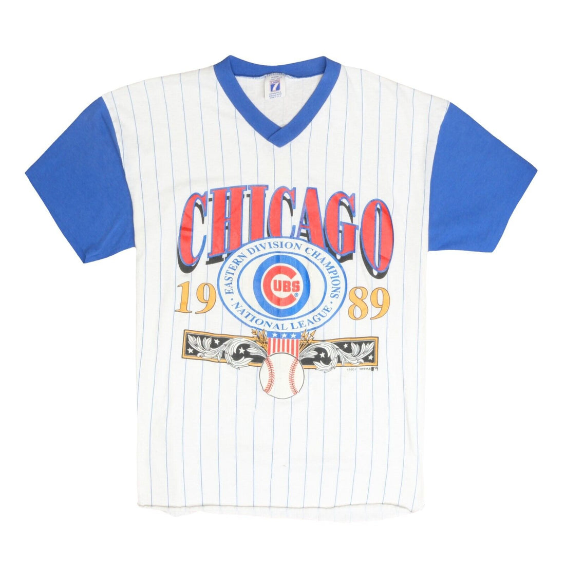 Vintage Chicago Cubs Logo 7 Pinstripe T-Shirt Size Large 1989 80s MLB