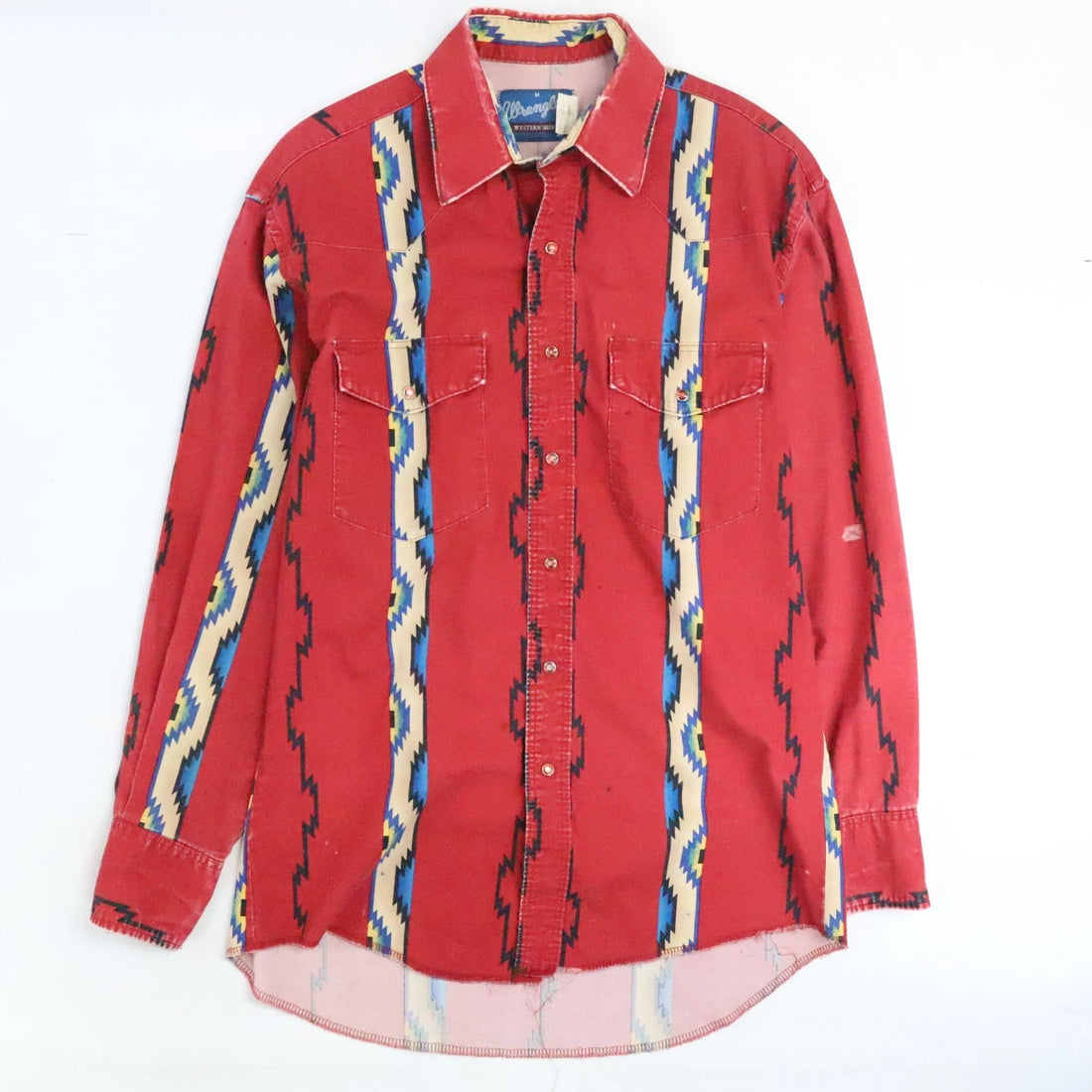 Vintage Wrangler Western Aztec Pearl Snap Shirt Size Medium Red