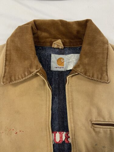 Vintage Carhartt Detroit Canvas Work Jacket Size Large Tan Blanket Lined