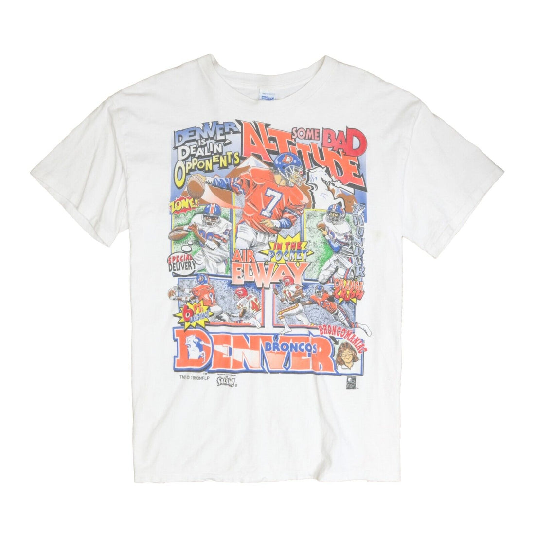 Vintage Denver Broncos Comic Strip Salem T-Shirt Size XL White 1993 90s NFL