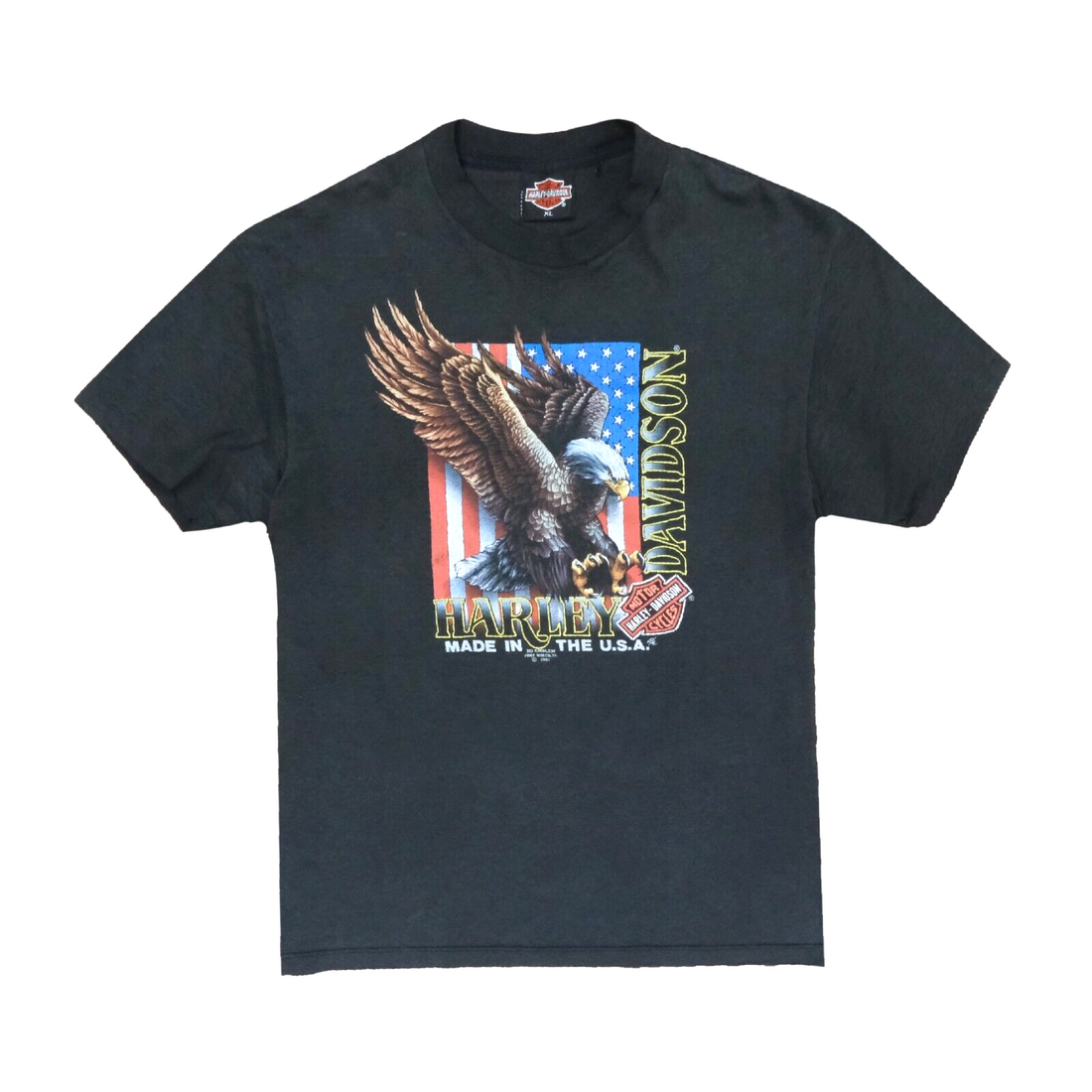 Vintage Harley Davidson 3D Emblem Eagle USA Flag T-Shirt Size XL 1991 90s Biker