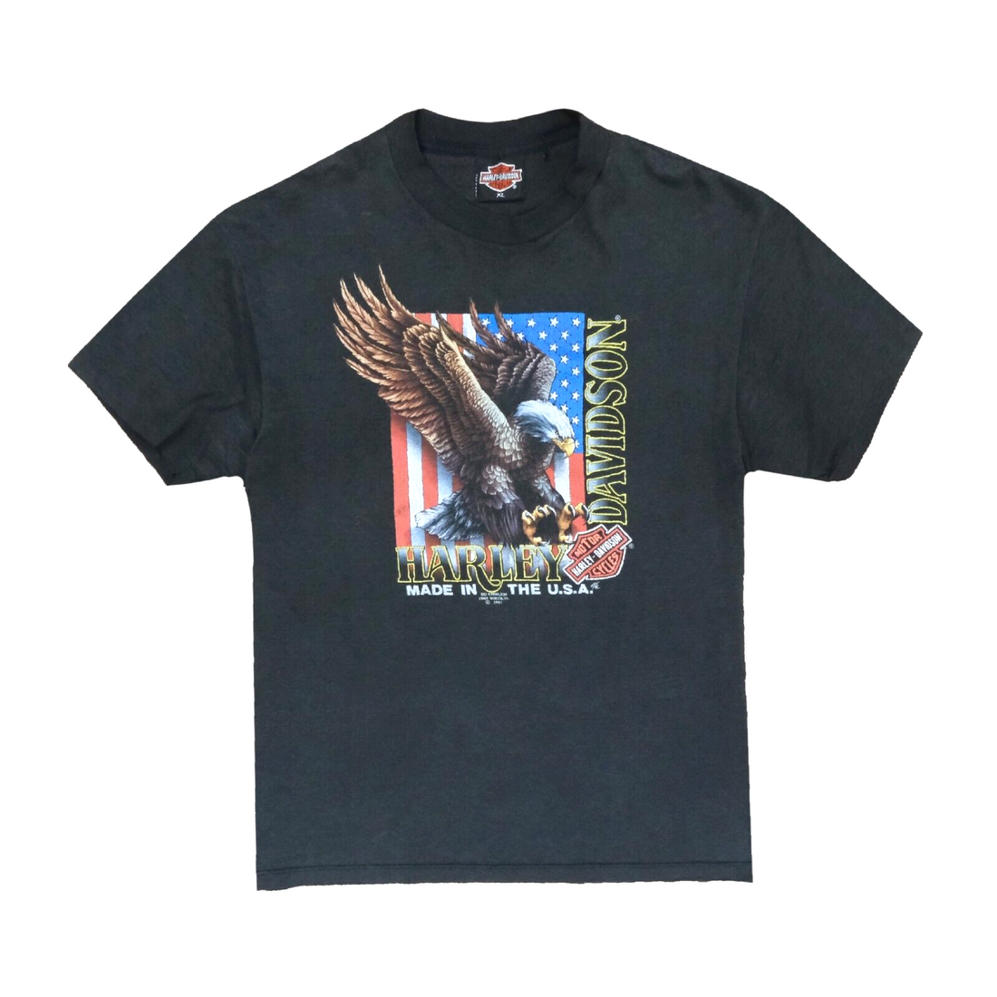 Vintage Harley Davidson 3D Emblem Eagle USA Flag T-Shirt Size XL 1991 90s  Biker