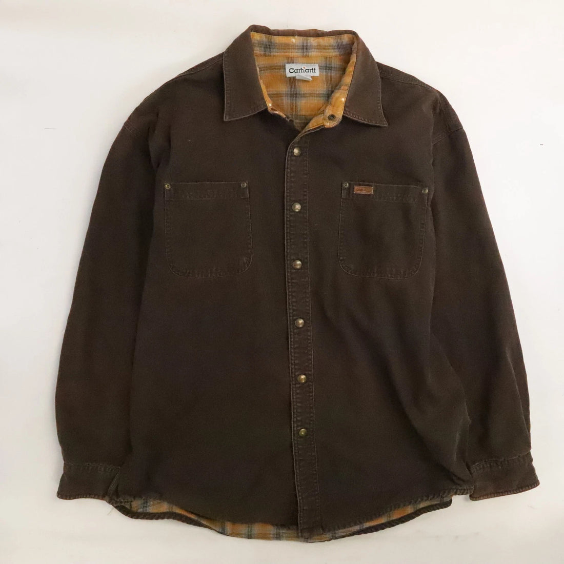 Carhartt Button Up Work Shirt Size XL Brown Plaid Lined