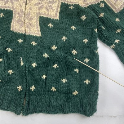 Vintage Snowflake Wool Cowichan Cardigan Sweater Size Medium Fair Isle Green