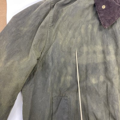 Barbour Waxed Cotton Border Coat Jacket Size C48 Green Plaid Lined
