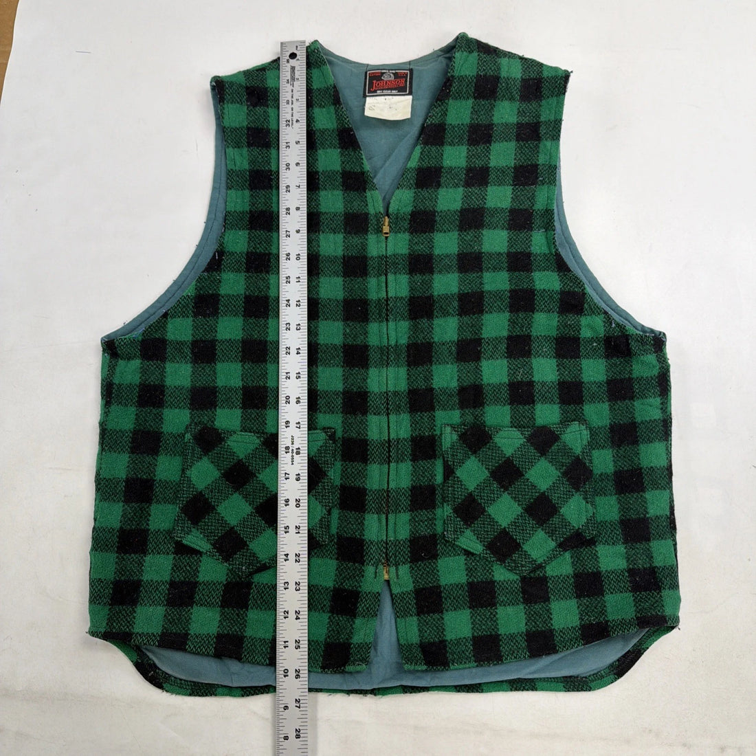 Vintage Johnson Woolen Mills Wool Vest Jacket Size Large Green Buffalo Plaid