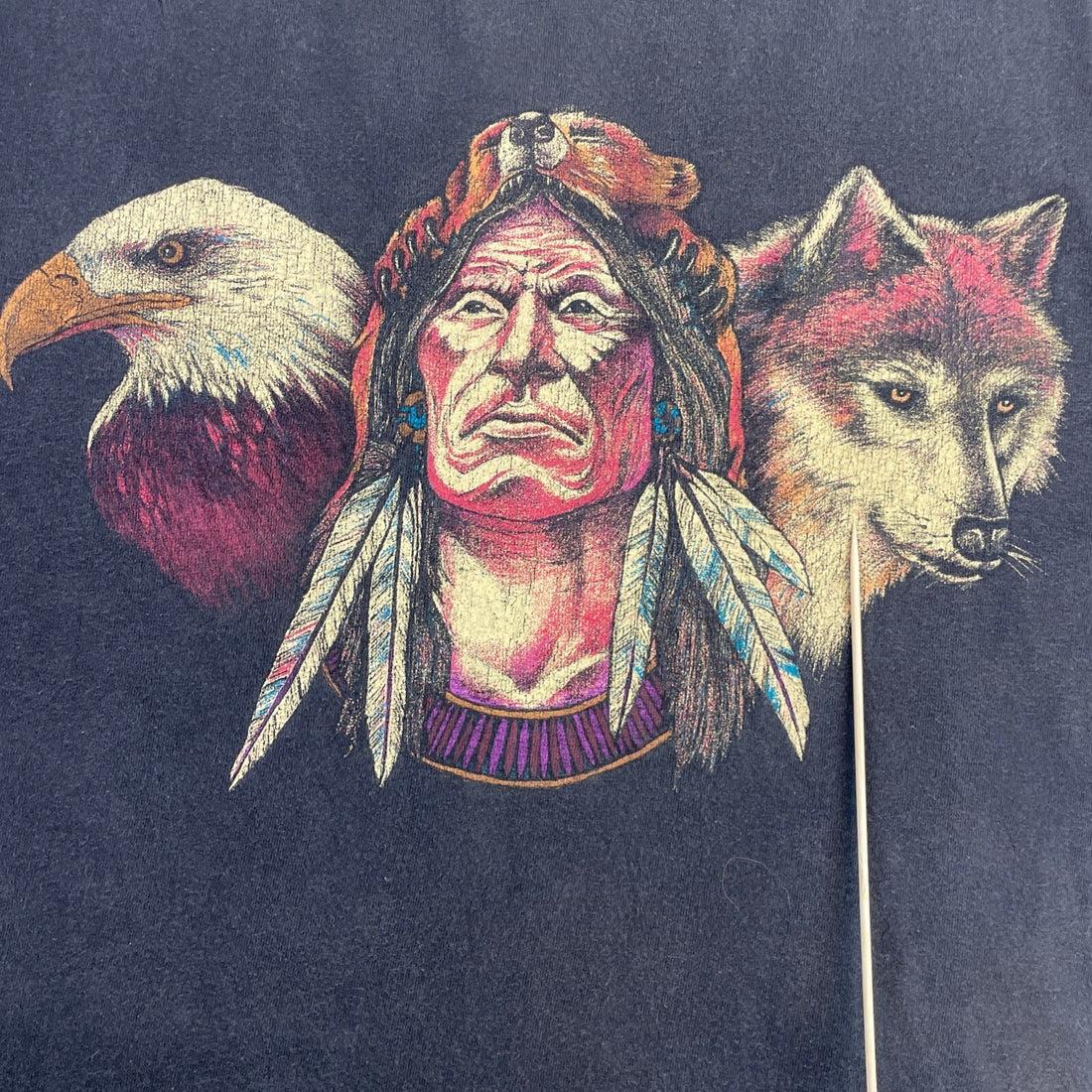 Vintage Native Chief Head Wolf Eagle T-Shirt Size Large