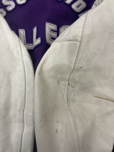 Vintage Assumption College Wool Leather Letterman Varsity Jacket Size XL Purple