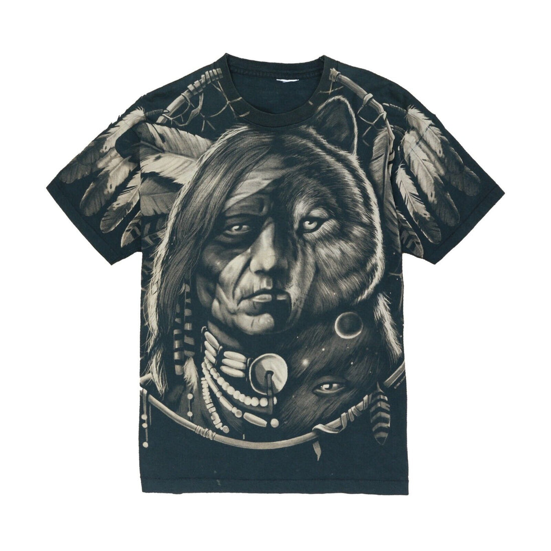 Vintage Native Chief Wolf Liquid Blue T-Shirt XL Dream Catcher AOP 1996 90s