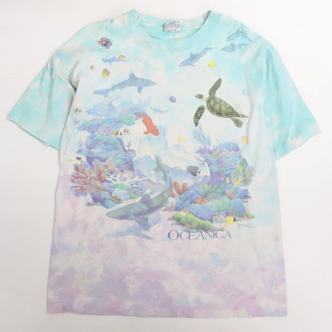 Vintage Oceanica Liquid Blue Tie Dye T-Shirt Size XL Nature Marine Life 90s