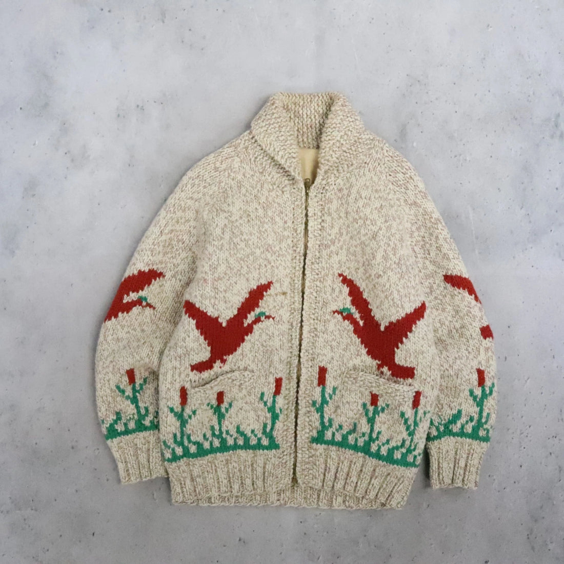 Hunting Pheasant Duck Wool Knit Cowichan Sweater Size Medium Vintage