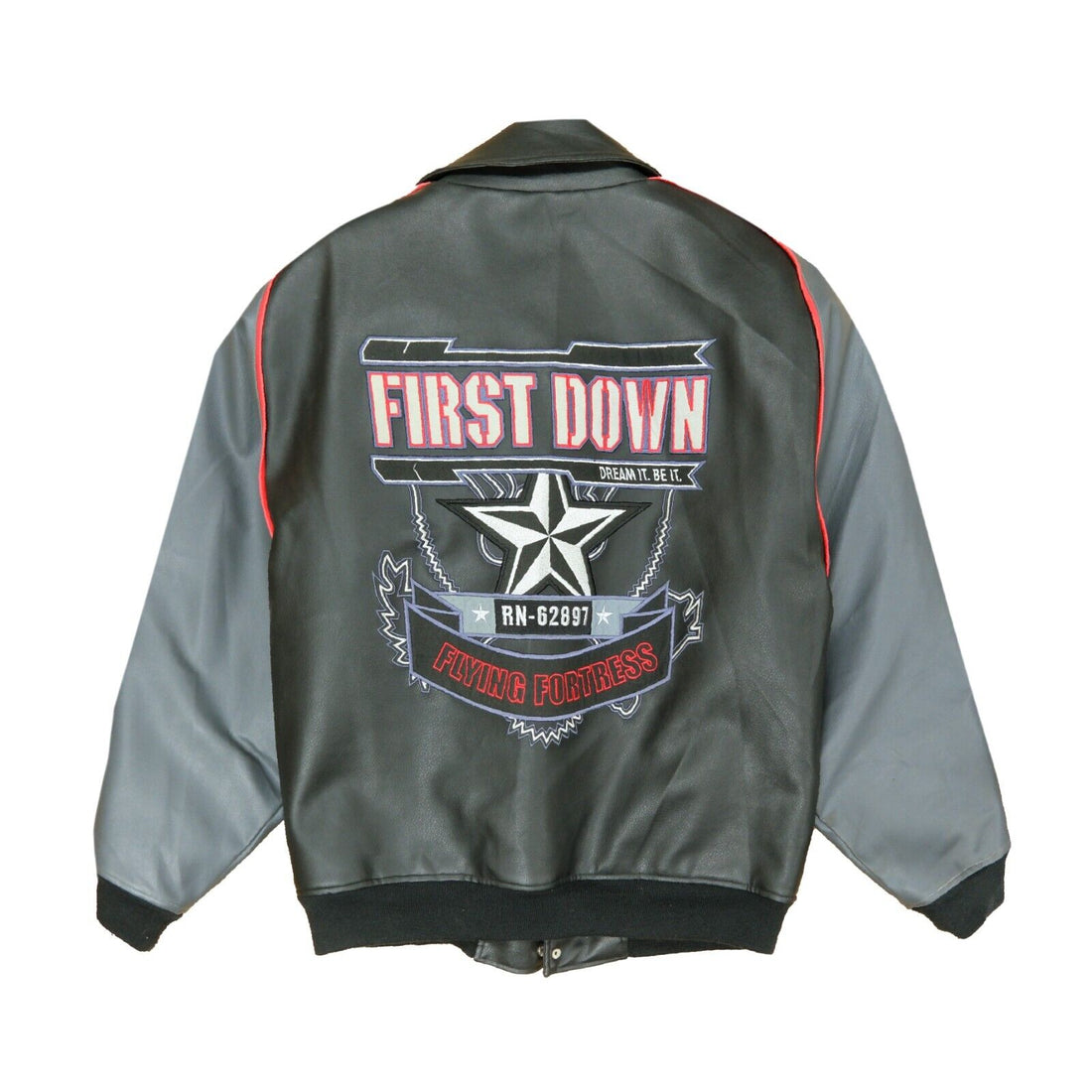Vintage First Down Leather Varsity Bomber Jacket Size 2XL Black