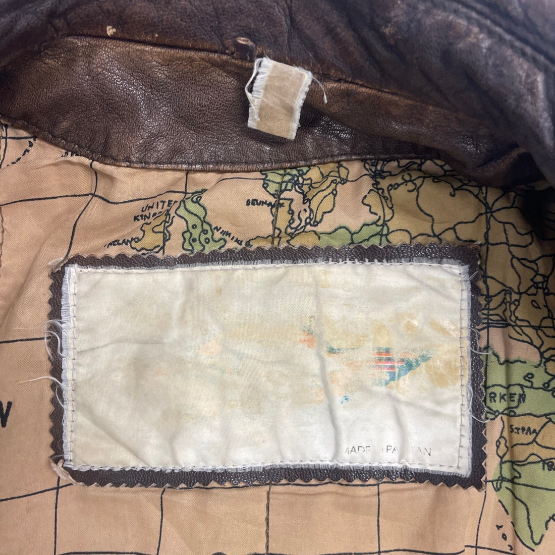 Vintage Map Lined Leather Bomber Jacket Size Large Brown