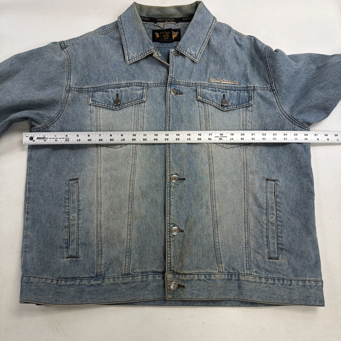 Harley Davidson Motorcycles Denim Trucker Jacket Size XL Leather Embossed Eagle