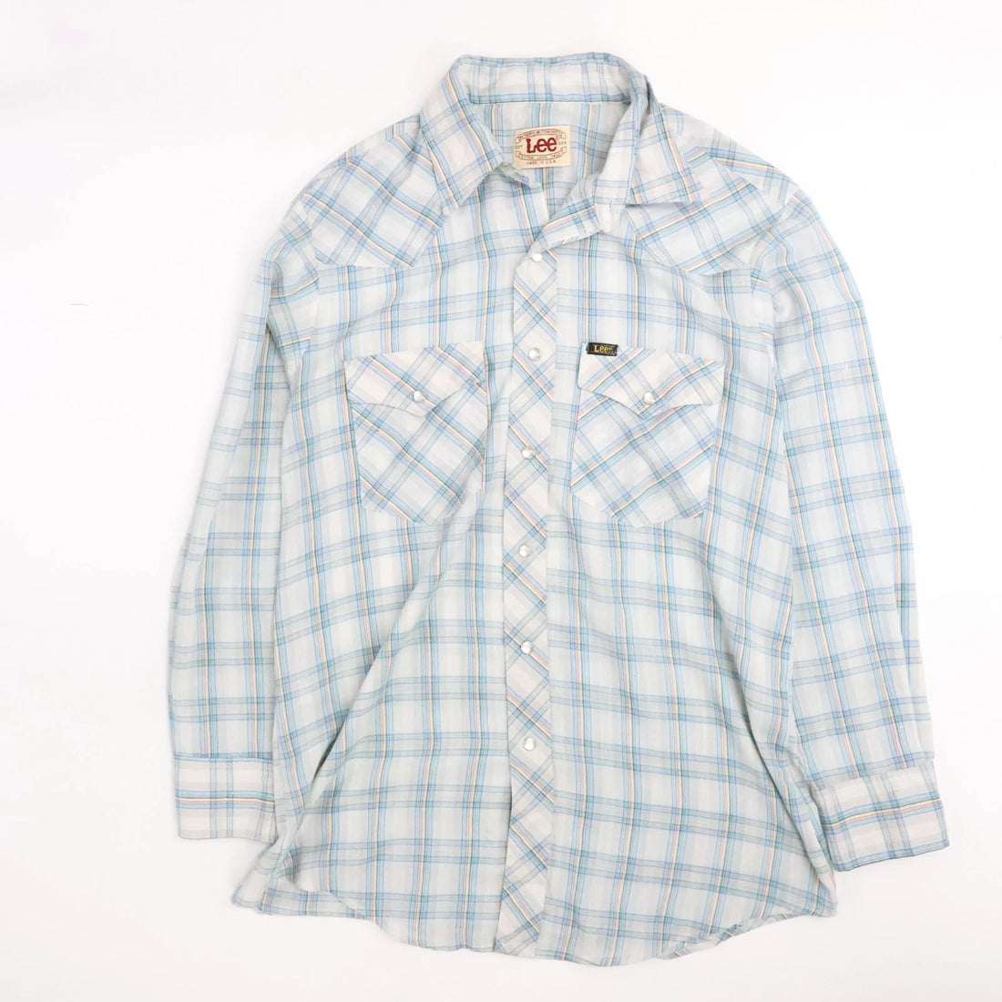 Vintage Lee Western Pearl Snap Shirt Size XL Blue Plaid 70s