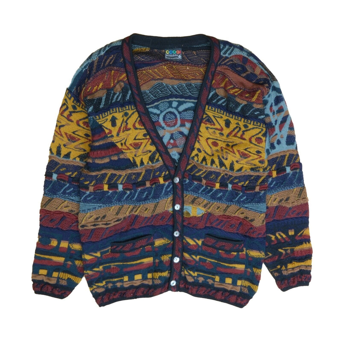 Vintage Coogi Wool 3D Knit Cardigan Sweater Size Large Multicolor 90s