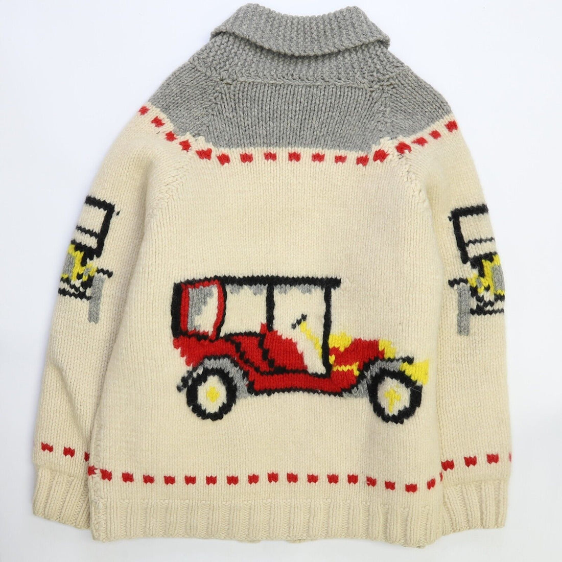 Vintage Car Wagon Racing Wool Knit Cowichan Sweater Size Large Lightning Zip