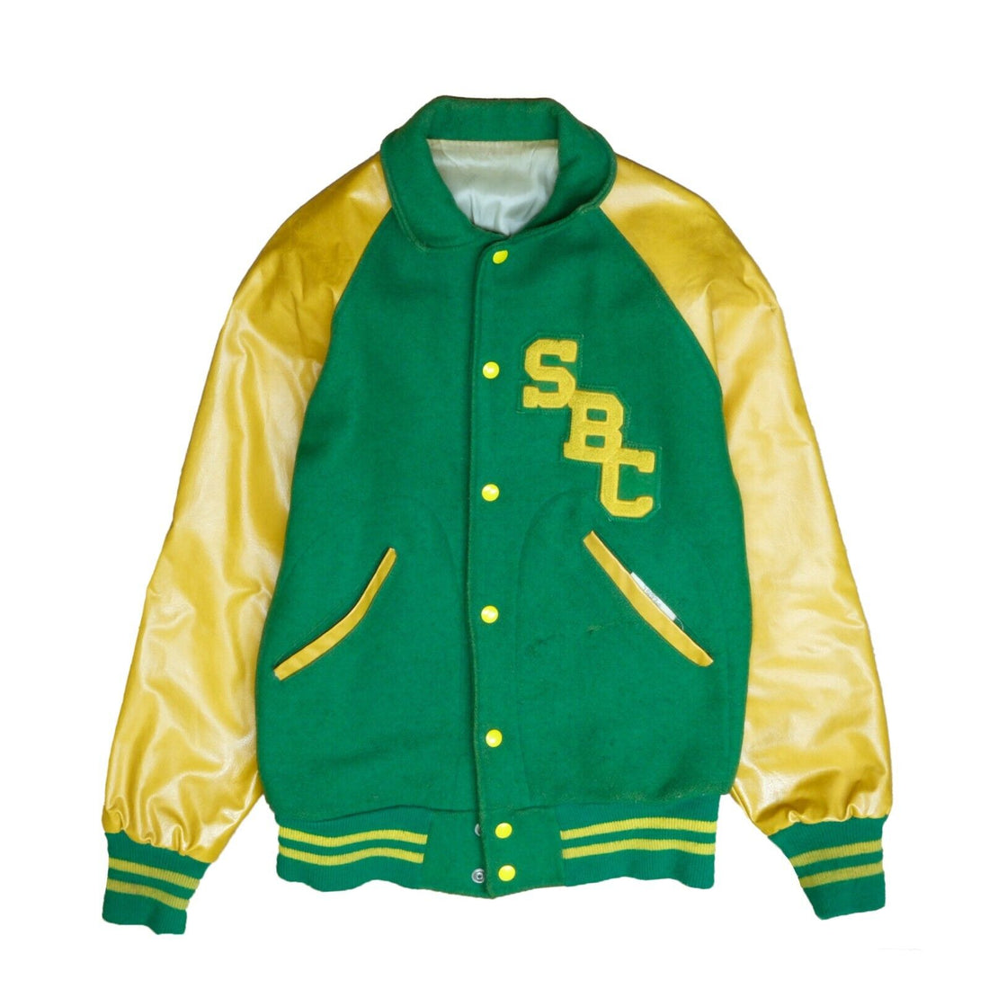 Vintage SBC Leather Wool Letterman Varsity Jacket Size Medium Green