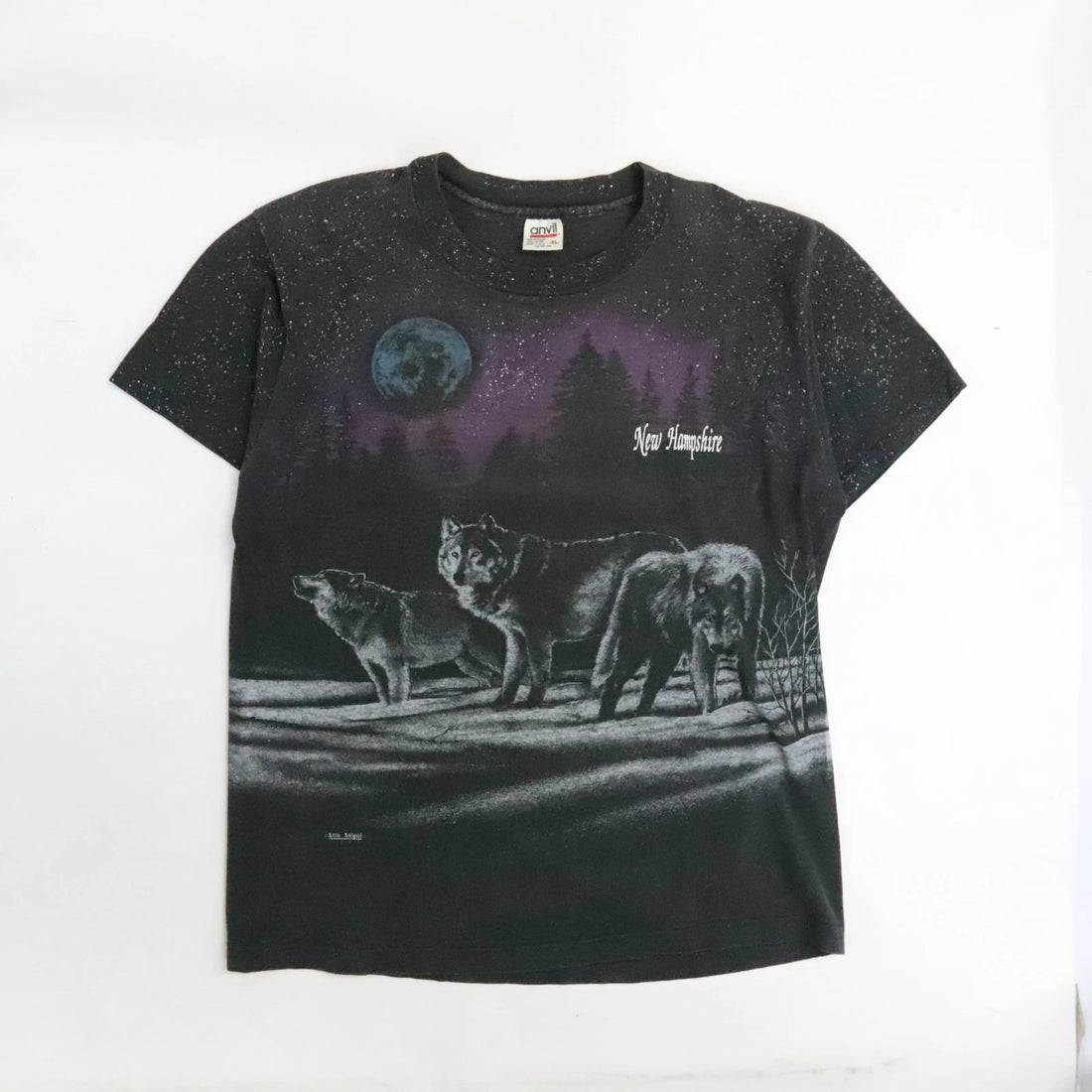 Vintage New Hampshire Wolf Night Forest T-Shirt XL Nature All Over Print 90s